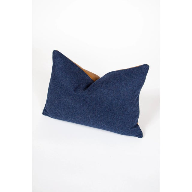 Modern Brown Leather + Blue Felt Pillow For Sale - Image 3 of 7