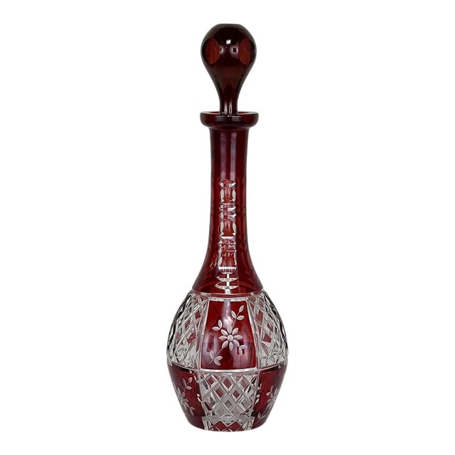 Antique Cranberry Glass Hand-Cut Crystal Decanter For Sale