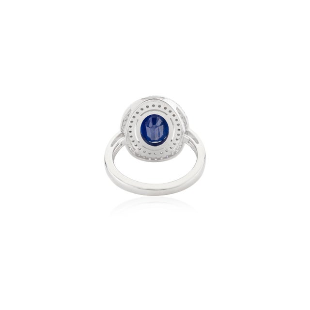 Metal 4.72 Ct Blue Sapphire Halo Diamond Art Deco Wedding Ring Size 5 For Sale - Image 7 of 12