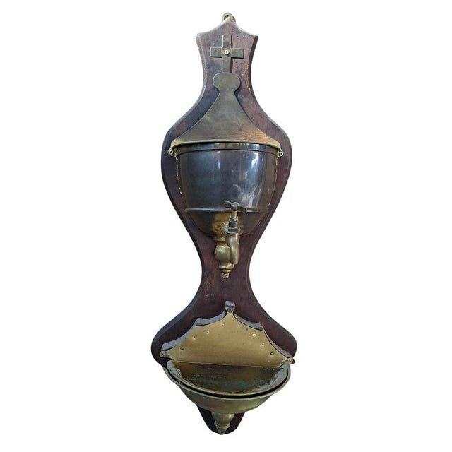 Vintage Wall-Mounted Brass and Wood Washbasin with Cross, 1920 For Sale - Image 10 of 11