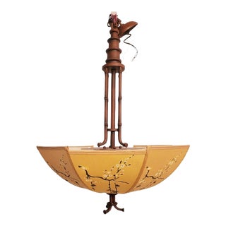 Vintage Chinoiserie 4 Light Silk Fortuny Style Gold Cherry Blossom Printed Chandelier For Sale