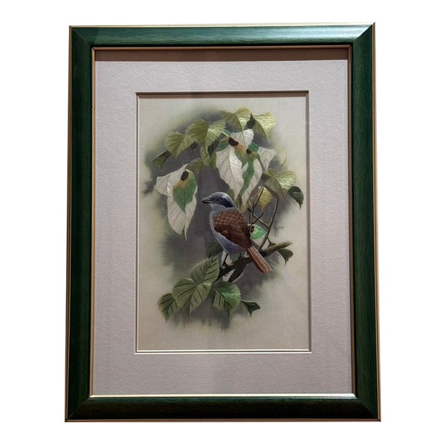 Late 20th Century Museum-Grade Masterpiece Artall Suzhou "Su" Hand-Embroidered Fine Silk Shrike Study (Boxed & Signed) For Sale