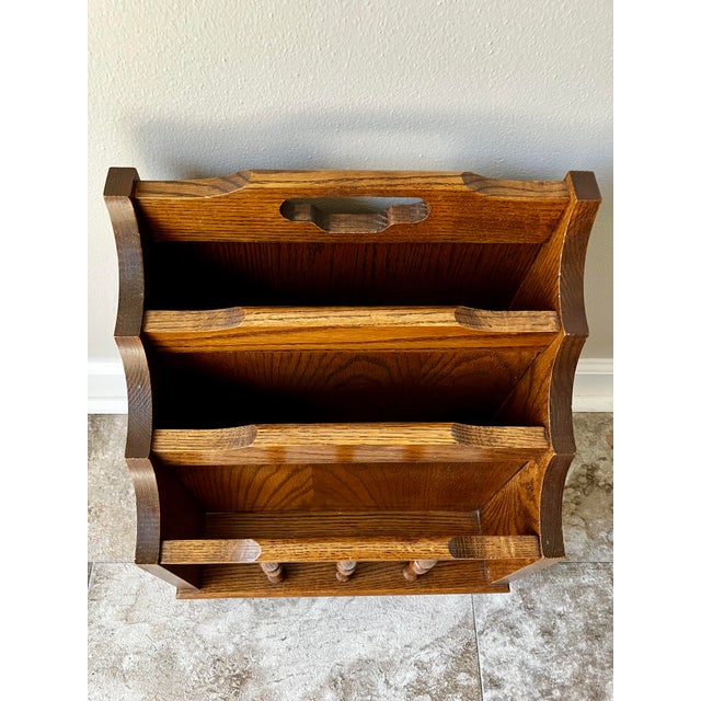 Farmhouse Vintage Leick Furniture Solid Oak 3-Tier Magazine Rack & Record Caddy For Sale - Image 3 of 15