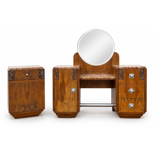 Art Deco Walnut Dressing Table Set with Marble Top and Bedside Table, 1930s, Set of 2 For Sale - Image 15 of 15