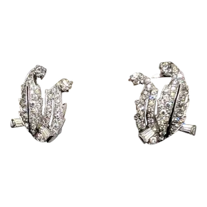 Vintage Signed Mazer Rhodium Plated Clear Rhinestone Leaves Clip Earrings-2 Pieces