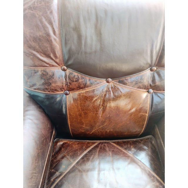 1980s 1980s Stunning 3-Piece Seating Set: Paul Robert Patchwork Leather Club Chairs & Pottery Barn Ottoman For Sale - Image 5 of 12