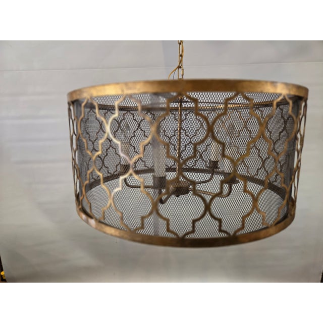 Metal Vintage Drum Trellis Chandlier 5 Light Gold Leaf For Sale - Image 7 of 9