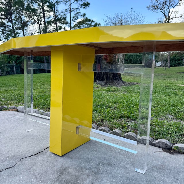 Postmodern Yellow Lacquer Laminate and Lucite Console Table For Sale - Image 4 of 8
