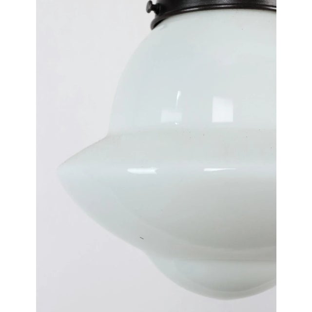 Metal 1920s Schoolhouse White Milk Glass Black Wire Pendant Light For Sale - Image 7 of 12