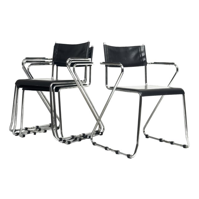 Vintage Cantilever Armchairs in Black Leather and Chrome, 1970s, Set of 4 For Sale