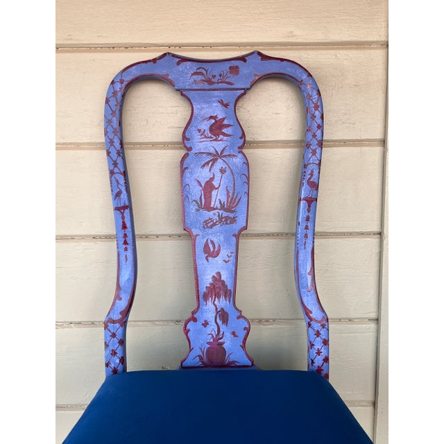 1940s Vintage Handpainted Chinoiserie Chic Blue Accent Chair With New Velvet Upholstery For Sale - Image 5 of 5