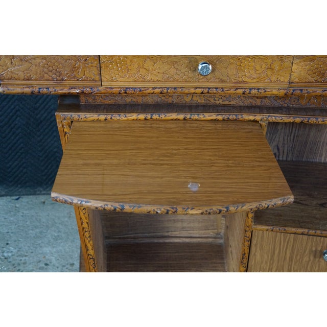 Mid-Century Curved Oak Dry Bar Cabinet With Carved Grapevines Wine Liquor 68" For Sale - Image 12 of 18