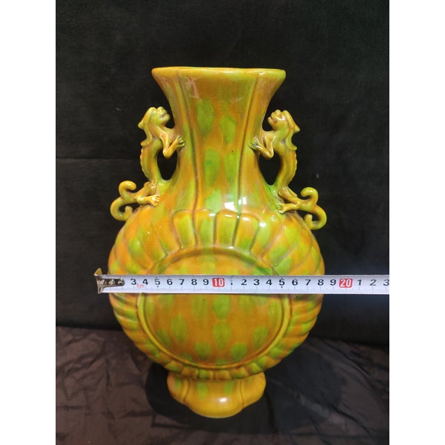 Chinese Ceramic Vase Ming Dynasty Hongzhi Marked Yellow Glaze Porcelain Vase Hand Carved Double Dragon Ears For Sale - Image 10 of 11