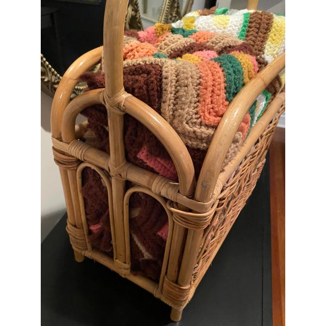 Wood 1970s Vintage Arched Rattan Magazine Rack Basket For Sale - Image 7 of 10