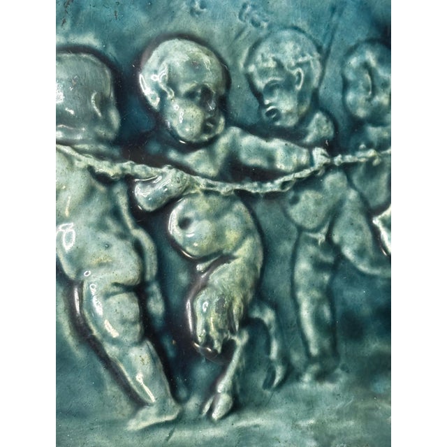 Pair Arts & Crafts Ceramic Relief Plaques Children With Goat & Children With Satyr & Dog c.1909 Attributed to Reginald Robert Tomlinson For Sale - Image 14 of 18