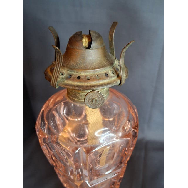 Pink Vintage Pink Pressed Glass Kerosene Table Lamps - Matching Pair With Chimneys For Sale - Image 8 of 13