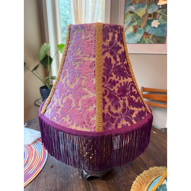 Victorian Vintage Purple Velvet Leaf Lamp Shade With Gold Trim & Purple Chainette Fringe For Sale - Image 3 of 5