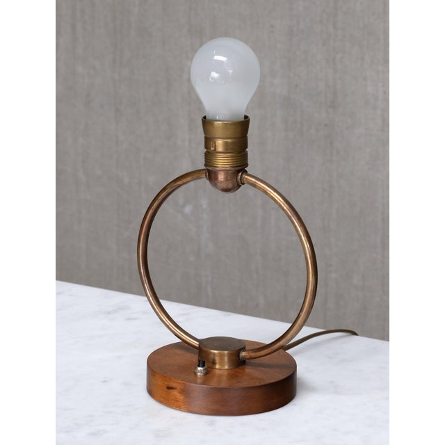 Scandinavian Modern Ring Table Lamp in Brass, Walnut and Silk, Sweden, 1940s For Sale - Image 10 of 11