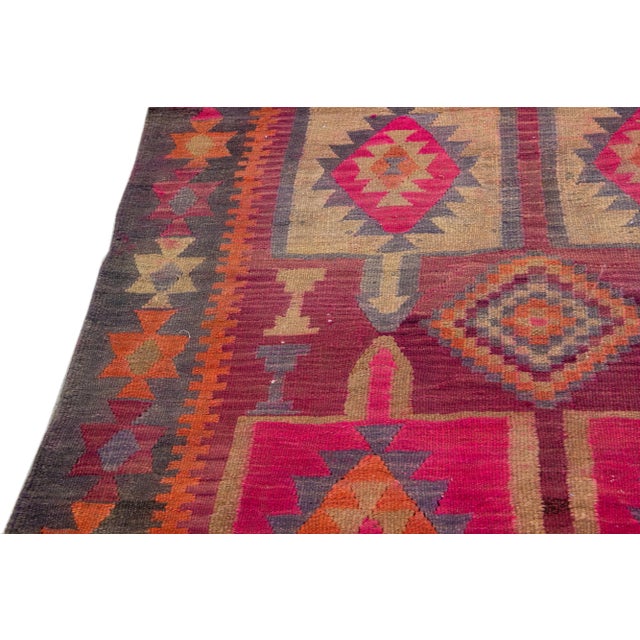 Pink Vintage Kilim Handmade Flatweave Geometric Motif Wool Runner For Sale - Image 9 of 11