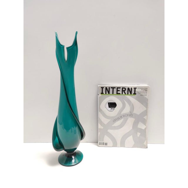 Vintage Teal Encased and Hand-Blown Murano Glass Flower Vase, Italy, 1960s For Sale - Image 11 of 12