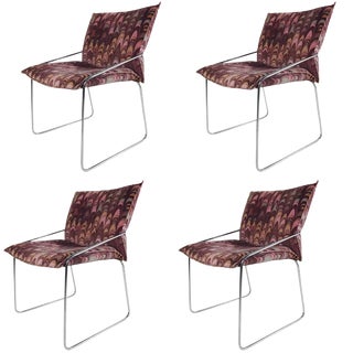 Set of Four Modern Chrome Dining Chairs With Jack Lenor Larsen Fabric For Sale