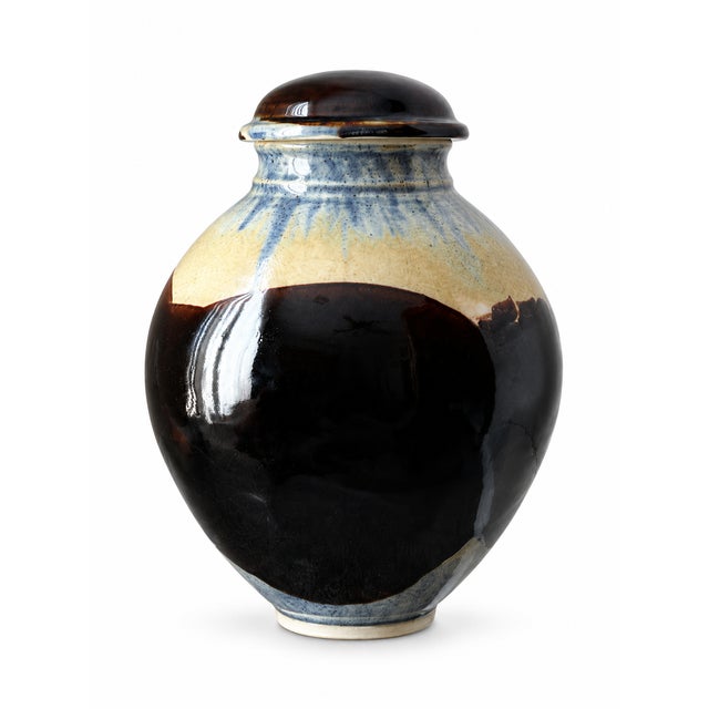 1980s Signed Studio Pottery Covered Jar With Brown, Blue & Cream Glaze For Sale - Image 4 of 9