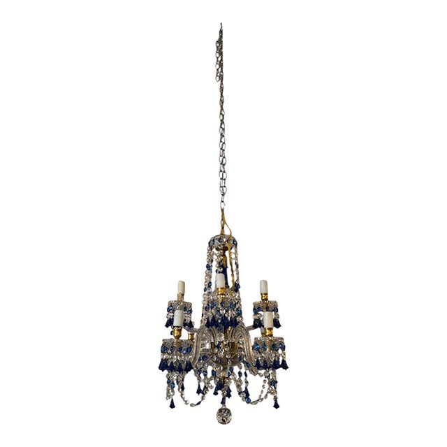 Mid 20th Century Petite Vintage Crystal Chandelier With Blue & Clear Crystal Trimmings For Sale