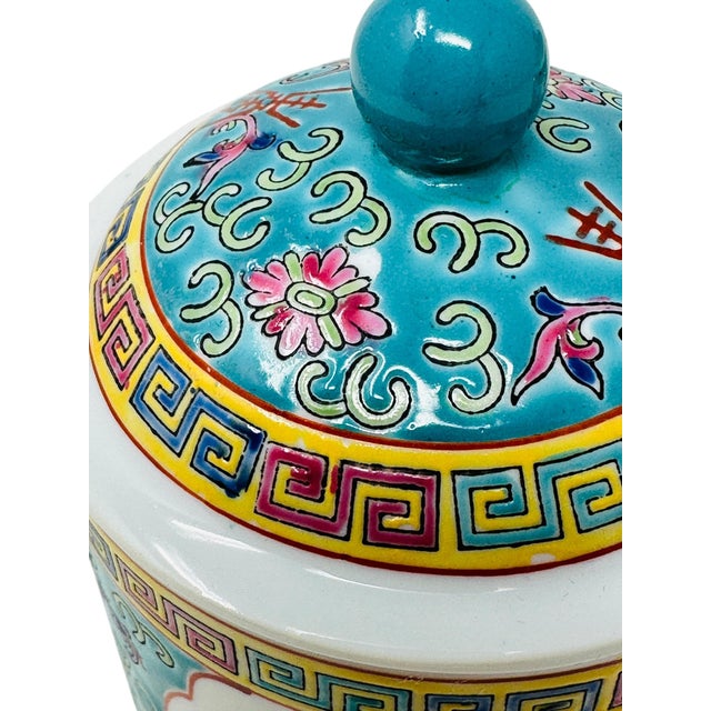 Ceramic Vintage Chinese Porcelain Mugs With Lids Hand-Painted Famille Rose Teacups Made in China - a Pair For Sale - Image 7 of 12