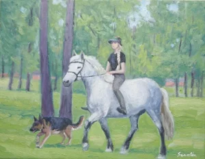 Original Impressionist Oil Painting, Girl Riding a Horse and Walking the Dog