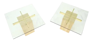 Pair Travertine Bases Cross Support Glass Top End Side Occational Tables Stands