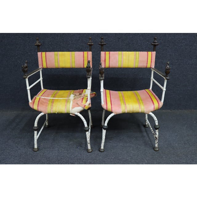 Pair of Italian Savonarola Style Iron Chairs With Figural Arms For Sale - Image 12 of 15
