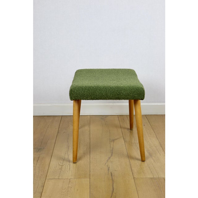 1970s Large Olive Bouclé Stool with Round Beech Legs, 1970s For Sale - Image 5 of 7