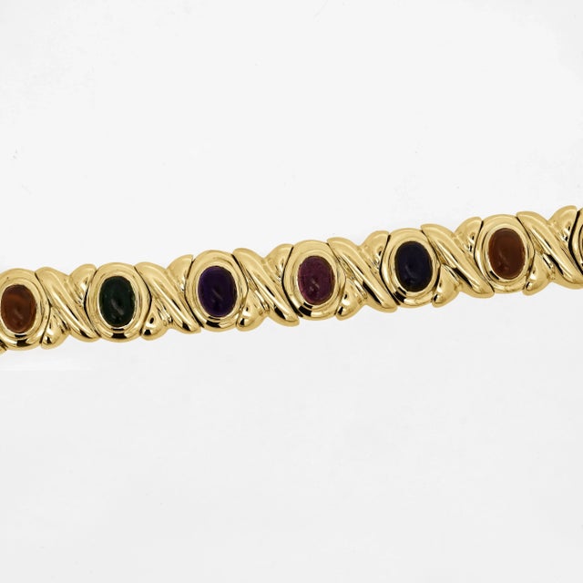 Byzantine 1990s 18k Gold Multi Color Gemstone Vintage Estate X Bezel Bracelet For Sale - Image 3 of 8