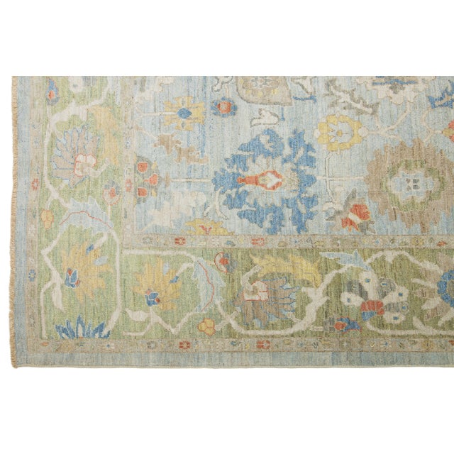 Blue Apadana's Designed Sultanabad Modern Wool Rug Handmade in Blue and Green For Sale - Image 8 of 10
