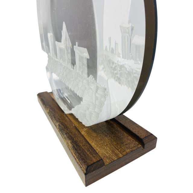1978 Signed Ronald Fox Reverse Carved Lucite Fishing Village With Green Background and Wood Stand For Sale - Image 9 of 12