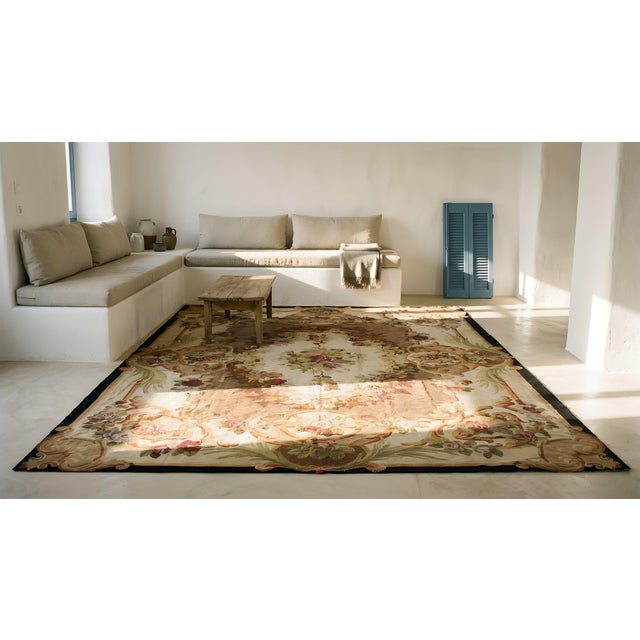 1870s Brown Floral Medallion Antique French Aubusson Napoleon III Carpet 11' X 13' 7" Flatweave Wool Rug For Sale - Image 11 of 12