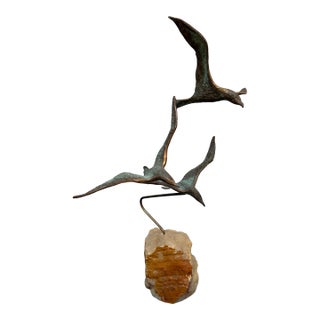Curtis Jere Style Birds in Flight Brass Sculpture on Onxy, Mid 20th Century For Sale