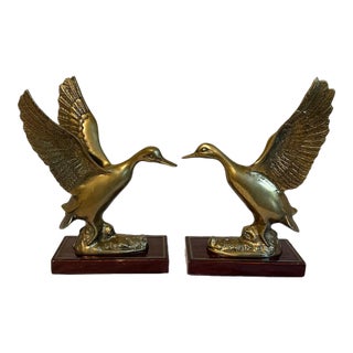 Vintage Ducks/Geese in Flight Brass & Wood Bookends- Set of 2 For Sale