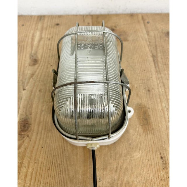 Industrial White Porcelain Cage Wall Light with Ribbed Glass, 1970s For Sale - Image 12 of 18