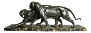 Plagnet, Art Deco Panthers, Zinc Cast on Marble Base, 1930
