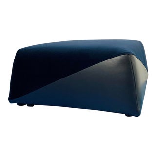 Modern Geometric Navy Velvet and Leather Square Ottoman For Sale