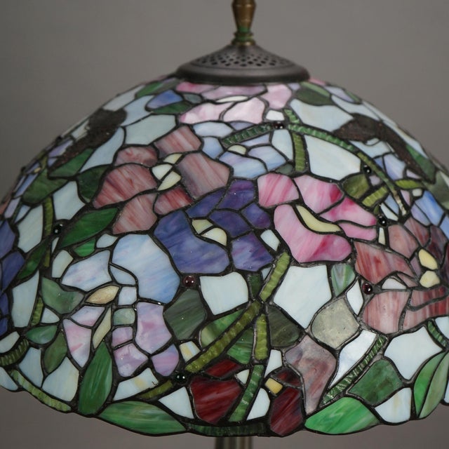 Tiffany and Co. Vintage Tiffany Style Stained Glass Table Lamp with Flower & Butterfly Pattern For Sale - Image 4 of 12