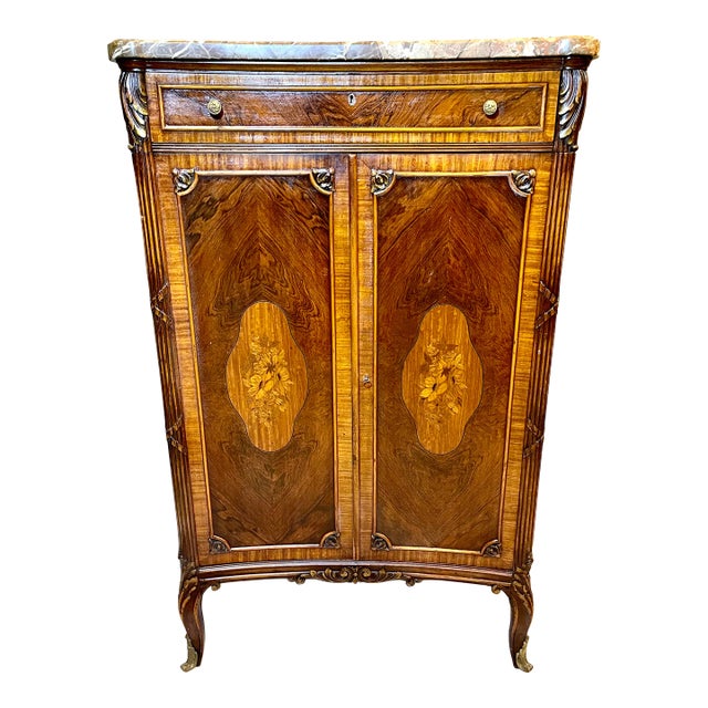 Early 1900s French Louis XV Satinwood Inlaid Marble Top Tall Chest Wardrobe Dresser For Sale
