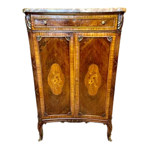 Early 1900s French Louis XV Satinwood Inlaid Marble Top Tall Chest Wardrobe Dresser