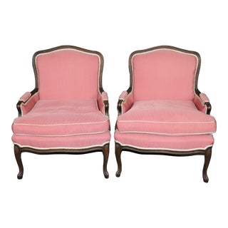Gorgeous Pair Carved Walnut Louis XV Style Bergères With Pink Off-White Fabric For Sale