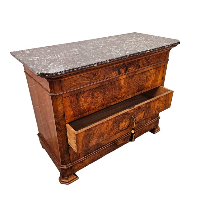 19th Century French Louis Philippe Burl Walnut Commode With Marble Top For Sale - Image 17 of 18