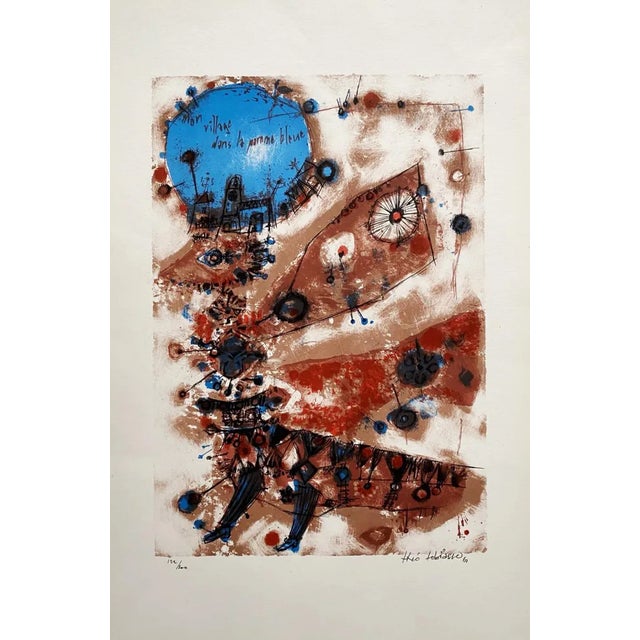 Théo Tobiasse, My Village in the Blue Apple, Signed Lithograph For Sale