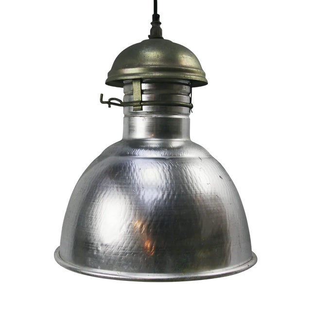 Vintage French Industrial Silver Metal Pendant Light For Sale