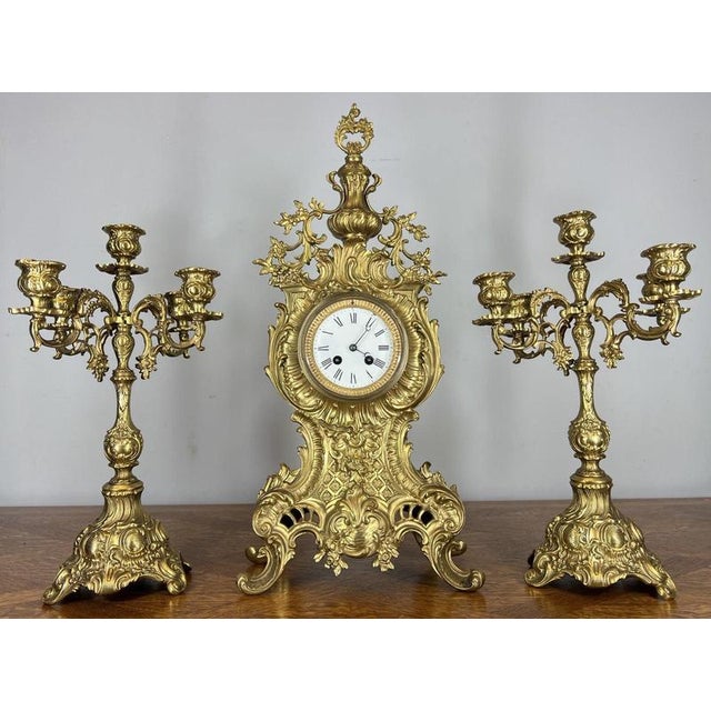 Louis XV Rococo Revival French Gilt Brass Mantel Clock Garniture, Set of 3 For Sale - Image 18 of 18