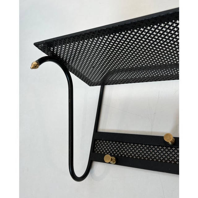 1950s Coat rack in black lacquered metal with perforated sheet metal and brass For Sale - Image 6 of 12
